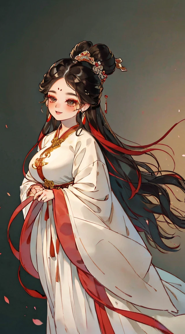 whole body, Big Breasts, Hanfu, streaked hair, long hair, wavy hair, longeyelashes, mole under eye, earrings, makeup, shy, parted lips, happy, 85mm, super detail, high quality, accurate, highres