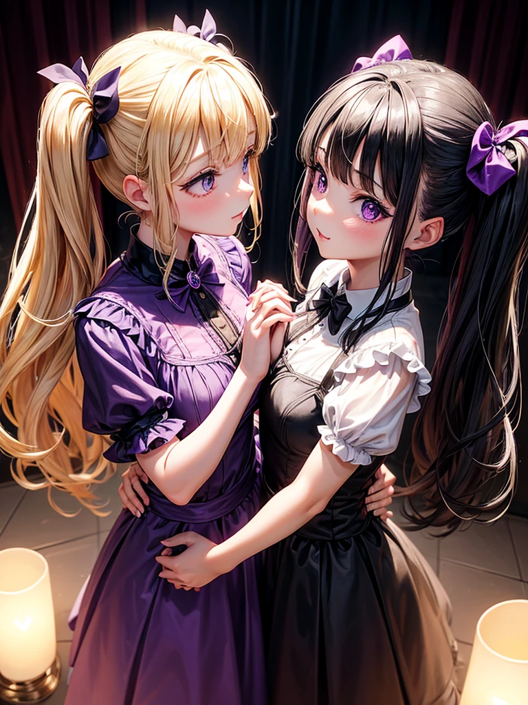 Two adult girls, one is blonde with two pigtails of purple bows, She wears a shiny purple gala dress with decorations and diamonds, Her eyes are blue and she is next to another girl with black hair., black eyes and bright red gala dress, They are at an expensive dinner tonight, holding hands in a romantic atmosphere 