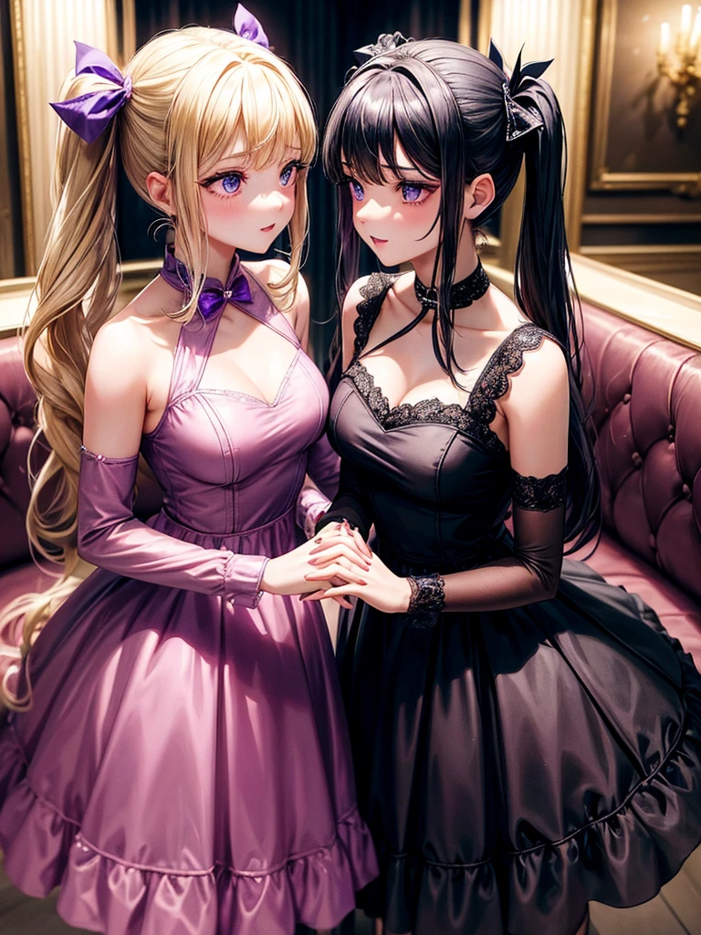 Two adult girls, one is blonde with two pigtails of purple bows, She wears a shiny purple gala dress with decorations and diamonds, Her eyes are blue and she is next to another girl with black hair., black eyes and bright red gala dress, They are at an expensive dinner tonight, holding hands in a romantic atmosphere