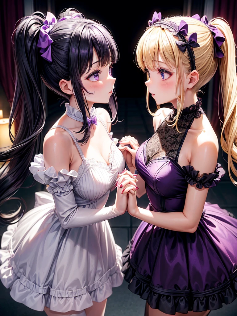 Two adult girls, one is blonde with two pigtails of purple bows, She wears a shiny purple gala dress with decorations and diamonds, Her eyes are blue and she is next to another girl with black hair., black eyes and bright red gala dress, They are at an expensive dinner tonight, holding hands in a romantic atmosphere
