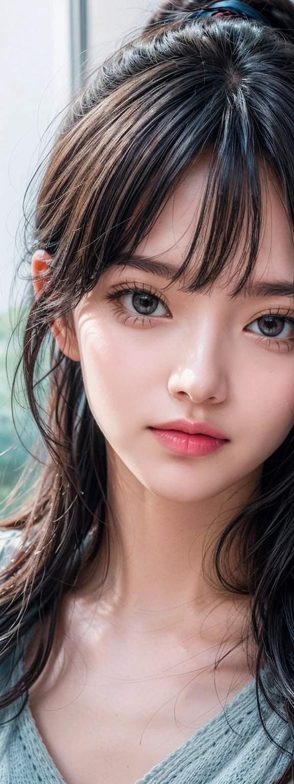 (((Ultra-high resolution、Close-up、Cute Japanese Woman)))、Long, straight black hair frames her face、So that every single hair is clearly visible、Depicts subtle color changes depending on the amount of light hitting the subject、The skin is white and smooth、Has a natural glow、Fine skin texture、Representing the fine details of pores、amountや頬に薄い赤みがある部分を詳細に、The eyes are almond-shaped and dark brown.、Fine details of the iris、Depicts color gradations and patterns、Long, natural-looking eyelashes, each and every one visible、Well-groomed eyebrows、indivual々The hair is clearly visible、Light reflects off into the eyes、Create small highlights、noseは繊細で、nose孔の細かいディテールがある、Lips are plump and naturally pink、Depicts the fine lines and soft curves of the lips、Shiny、Accentuate the shape、Detailed depiction of lip texture、Particular attention to the depiction of light and shadow、Soft natural light gently illuminates the face from the front、amount、nose、Creates a subtle glow on the cheeks、Shadows are cast softly along the contours of the face、cheekbone、Jaw Curve、noseの側面を強調、The gloss of her lips reflects the light faintly.、Emphasizes plump texture、The shadow of the hair adds depth and dimension.、indivual々The hair shines in the light、The background is simple and blurred.、Focus on the face、In the highest quality、Representing the utmost detail