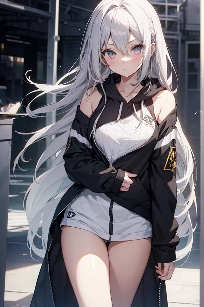 1girl, {Solitary}, Upper Body ,{{ {Watching at viewer}}}, Arms at your sides, Concept Art, white Background, simple Background, White hair, Silver gradient hair , Composite cloth, Asymmetrical clothes, Virtual YouTuber, best quality, masterpiece, Dynamic Angle, guilty gear, guilty gear, guilty gear, cowboy_shooting, Watching_Back, grab, girl,Miss,woman, young,20 years old, Very long hair, Hair Flip, Silver Hair, Flowing hair, Ahog, giggle, Beautiful and delicate golden eyes, teeth, Moderate_breast, Blonde eyes, White skin, hoodie, Black_shorts, Gray clothes, transparent_Background, Backlighting, absurd, high resolution, Extremely detailed,Sweater without pants