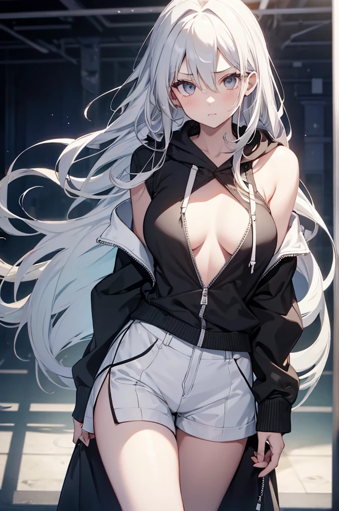 1girl, {Solitary}, Upper Body ,{{ {Watching at viewer}}}, Arms at your sides, Concept Art, white Background, simple Background, White hair, Silver gradient hair , Composite cloth, Asymmetrical clothes, Virtual YouTuber, best quality, masterpiece, Dynamic Angle, guilty gear, guilty gear, guilty gear, cowboy_shooting, Watching_Back, grab, girl,Miss,woman, young,20 years old, Very long hair, Hair Flip, Silver Hair, Flowing hair, Ahog, giggle, Beautiful and delicate golden eyes, teeth, Moderate_breast, Blonde eyes, White skin, hoodie, Black_shorts, Gray clothes, transparent_Background, Backlighting, absurd, high resolution, Extremely detailed,Sweater without pants