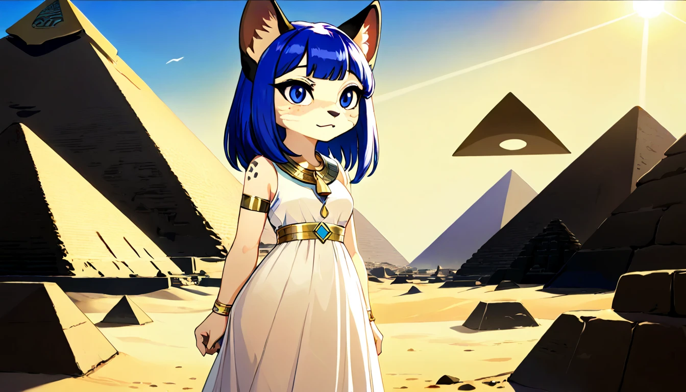 1girl，Artist Name，Egyptian cat，Blue Hair，skin，Keep your mouth shut，Wear，whole body，solo，Standing，猫Tail，Keep your mouth shut，Wear，Looking at the audience,Animal Crossing Furry, Blue Hair, Hair accessories, 黄skin, black eyes, White Dress, Tail, Egyptian Pyramids，mummy，Sunlight，sunny，(masterpiece), ((best quality), Detailed background, masterpiece, best quality, high quality, absurd, The award-winning, professional, Very detailed