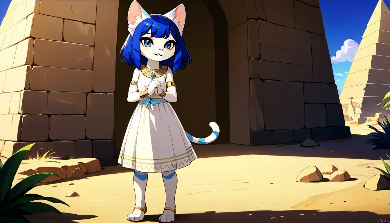 1girl,Artist Name,Egyptian cat,Blue Hair,skin,Keep your mouth shut,Wear,whole body,solo,Standing,猫Tail,Keep your mouth shut,Wear,Looking at the audience,Animal Crossing Furry, Blue Hair, Hair accessories, 黄skin, black eyes, White Dress, Tail, Egyptian Pyramids,mummy,Sunlight,sunny,(masterpiece), ((best quality), Detailed background, masterpiece, best quality, high quality, absurd, The award-winning, professional, Very detailed