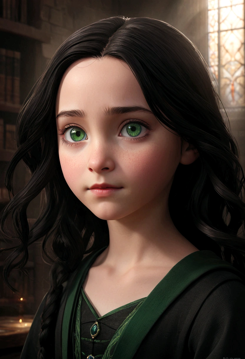 a young 9--old ghter of severus snape,((highest quality)),(ultra high resolution),(Super detailed),(detailed description),((best CG)),(best work of art) ,black hair、radiant green eyes ,(Masterpiece:1.2), Best Quality, (illustration:1.2), (ultra detailed), hyper details, (delicate detailed), (intricate details), (cinematic light, Best Quality Backlights), Delete line, soloist, perfect body, (1 girl), the ruby ​​gem represented as a girl, (make up), High contrast, (better lighting, an extremely created and beautiful), (cinematic light), showy,