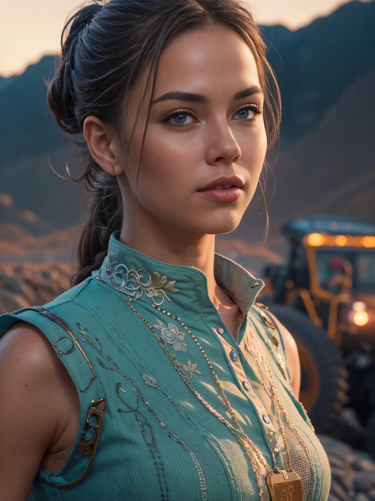 a gorgeous European woman, age 23, beautiful detailed eyes, beautiful detailed lips, extremely detailed face and skin, long eyelashes, elegant ponytail hairstyle, wearing a tight blue dress, posing gracefully in a scenic Bitcoin mining landscape, glowing mining rigs and high-tech equipment in the background, sunset lighting, vivid colors, cinematic composition, (best quality,8k,highres,masterpiece:1.2),ultra-detailed,(realistic,photorealistic,photo-realistic:1.37),cinematic lighting,dramatic shadows,volumetric lighting,intricate details,concept art