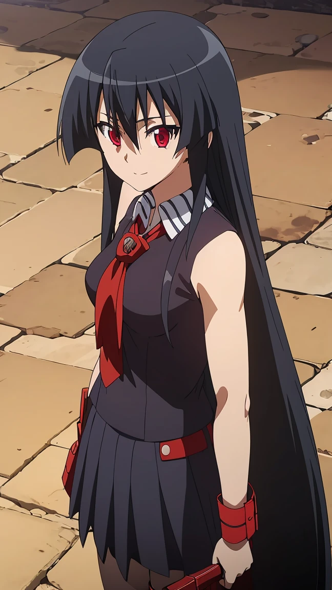 Master piece, best quality,(((1girl,solo))),full_body,akame,red_eyes,black_hair,(((very_long_hair))),cowboy_short,looking_at_me,smile_face,(school_uniform,skirt, serafuku, pleated skirt, neckerchief, short_sleeves, sailor_collar, blue_skirt, shirt, red_neckerchief, blue_socks, loafers)