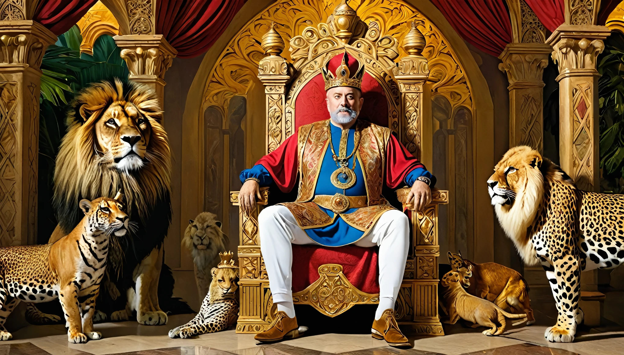Preste Juan
"Generate a hyperrealistic, high-definition image of Prester John in a mythical, utopian kingdom. Prester John should be depicted as a regal, wise king, sitting on an ornate throne with exotic animals and treasures around him. The background should be an opulent palace with intricate architectural details. Use dramatic lighting to emphasize the grandeur and mystique."