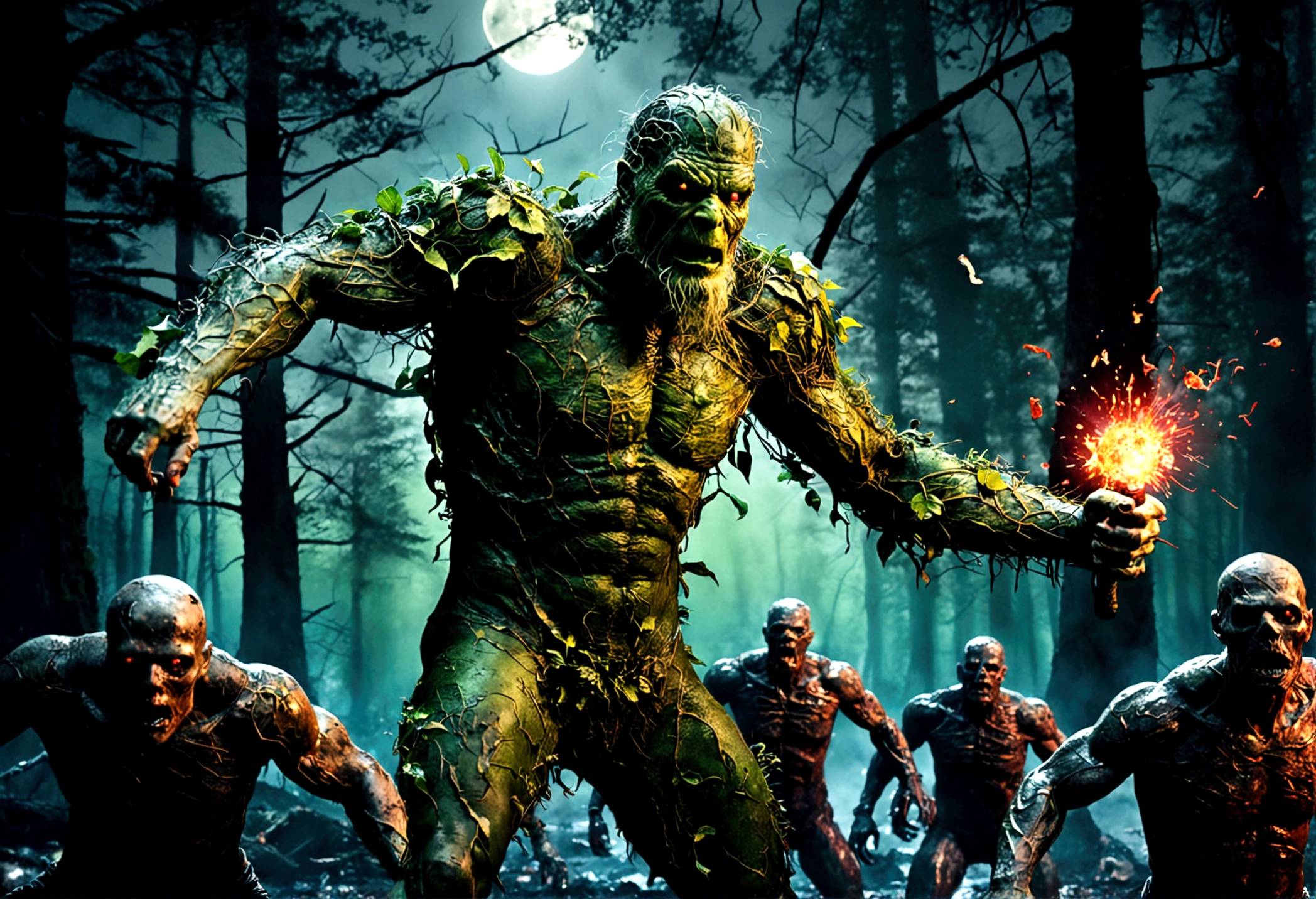 DC character Swamp Thing is in battle with a horde of Zombies. broken zombie parts flying. horror comic. night forest