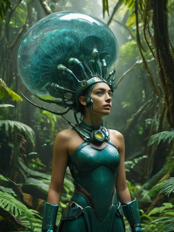 Kendall Jenner poses in a mystical atmosphere with her body covered in tentacles and a lot of green slime all over her body. Against a background enriched by the play of light and shadows, a composition full of colorful tentacles and slime details is created. A digital artwork that blends abstract and fantastic elements in an artistic style