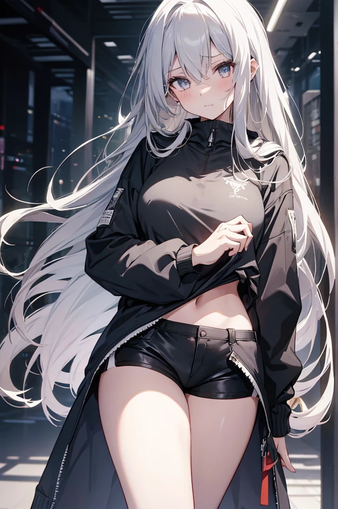 1girl, {Solitary}, Upper Body ,{{ {Watching at viewer}}}, Arms at your sides, Concept Art, white Background, simple Background, White hair, Silver gradient hair , Composite cloth, Asymmetrical clothes, Virtual YouTuber, best quality, masterpiece, Dynamic Angle, guilty gear, guilty gear, guilty gear, cowboy_shooting, Watching_Back, grab, girl,Miss,woman, young,20 years old, Very long hair, Hair Flip, Silver Hair, Flowing hair, Ahog, giggle, Beautiful and delicate golden eyes, teeth, Moderate_breast, Blonde eyes, White skin, hoodie, Black_shorts, Gray clothes, transparent_Background, Backlighting, absurd, high resolution, Extremely detailed,sweater,No pants