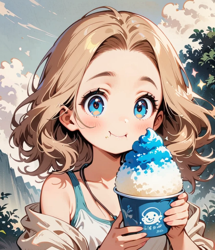 Eating shaved ice、Cartoon style character design,1 Girl, alone,Big eyes,Cute expression,Tank top、interesting,interesting,Clean Lines