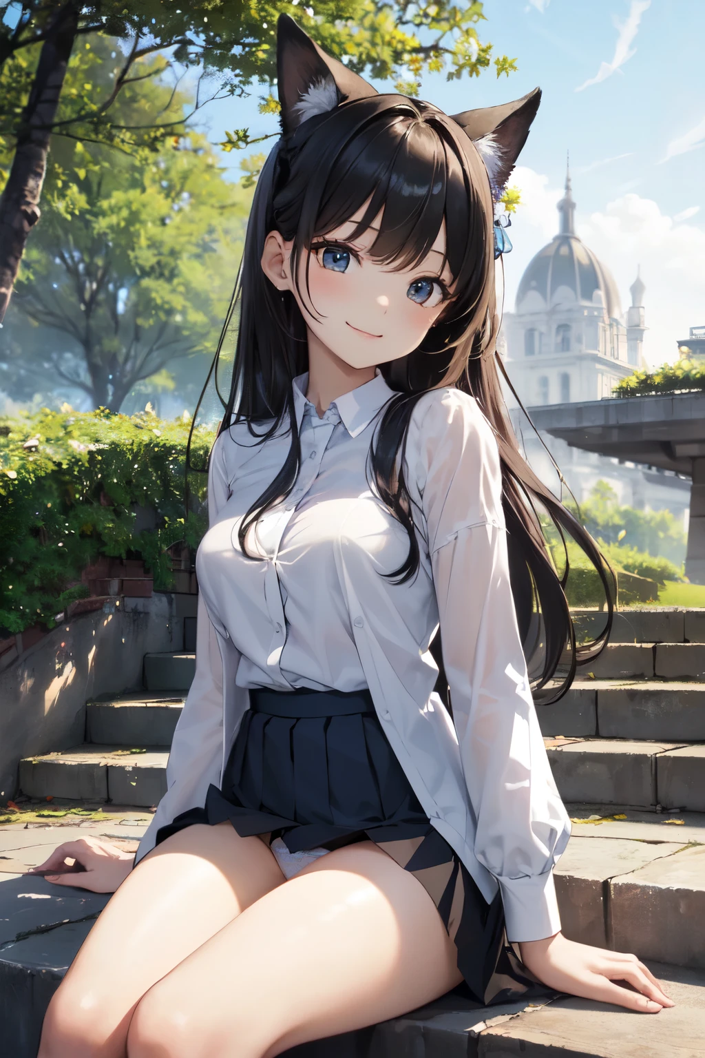 very cute and beautiful girl,(Very detailed美しい顔), (smile),blush,Black Hair,Seraphim,(White Shirt、Pleated navy blue pread your legs),Sitting、(From below),(Lacy white panties), Stairs in the park、Distant Tree々and the city, (Highest quality,masterpiece:1.0),Absurd,High resolution,Super detailed,Very detailed,32k,8K resolution, Intricate details,Movie Scenes,Detailed Background,alone,Dynamic Angle,