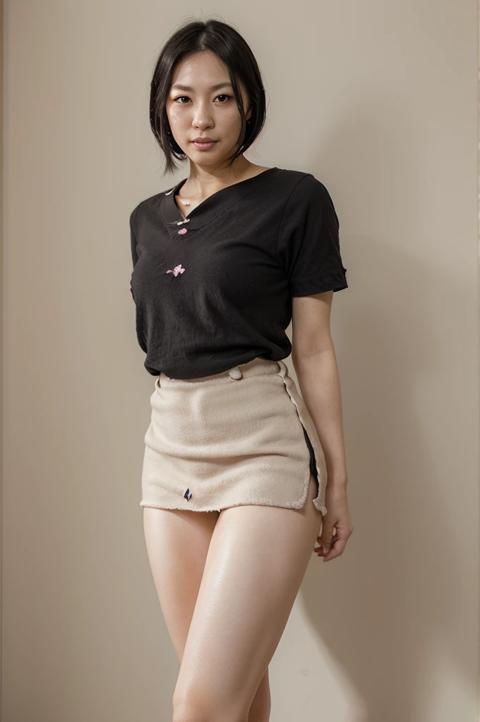 1girl, solo, photorealistic, realistic, middle age, a 35-year-old woman, mature, Japanese woman, Japanese woman, Japanese face, body of 35-year-old woman, ((ugly:1.6)), straight black hair, short hair, dark eyes, less facial hair, small nose, wide cheekbones, shovel-shaped incisor teeth, pale-white skin, slim body, long legs,