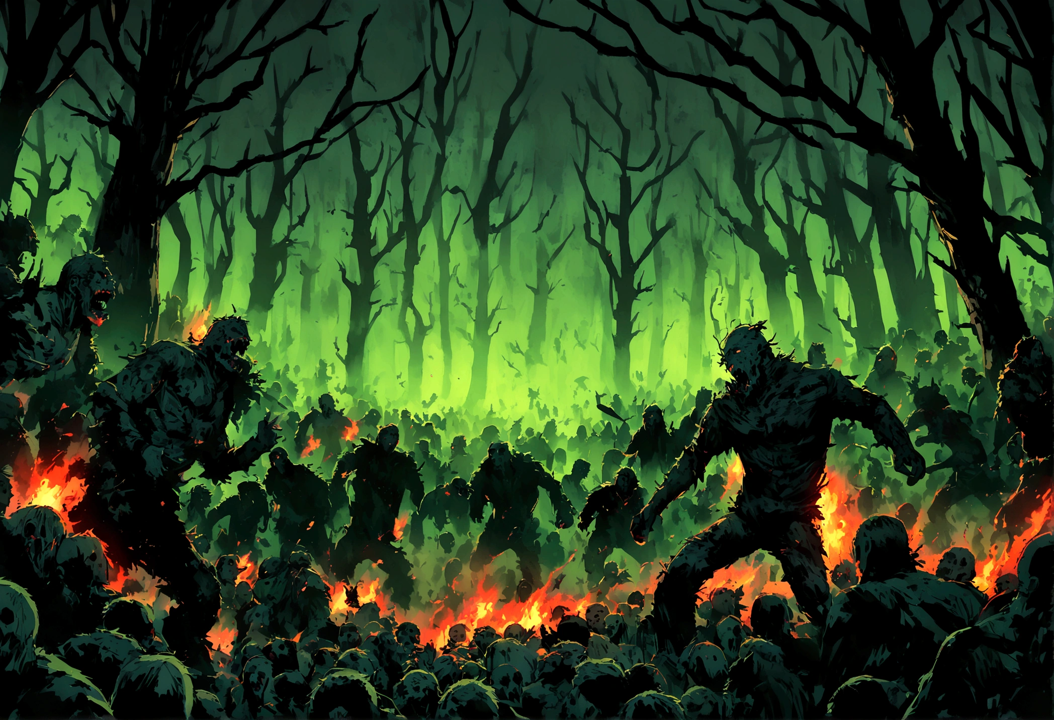 DC character Swamp Thing is in battle with a horde of Zombies. broken zombie parts flying. horror comic. night forest
