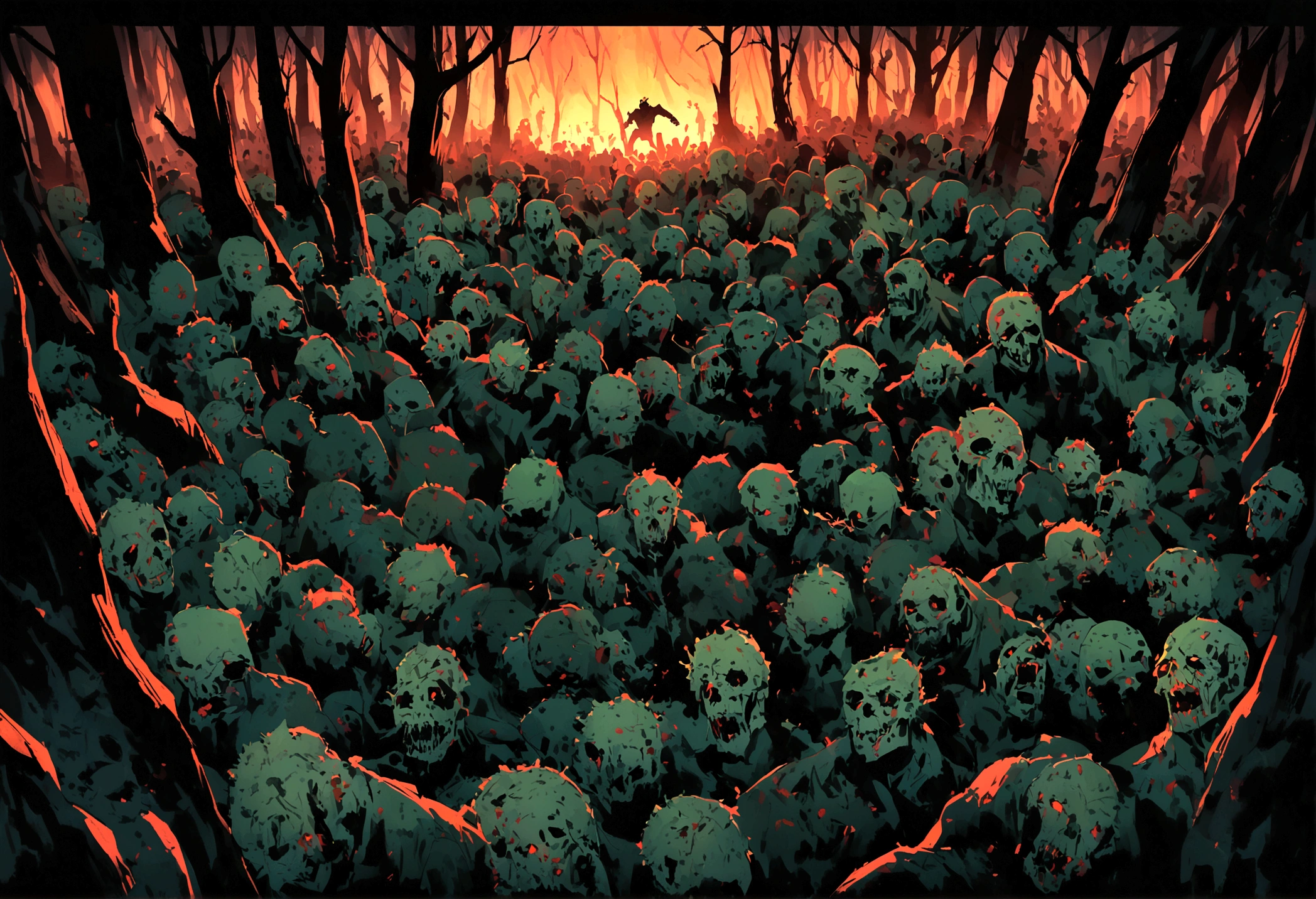DC character Swamp Thing is in battle with a horde of Zombies. broken zombie parts flying. horror comic. night forest