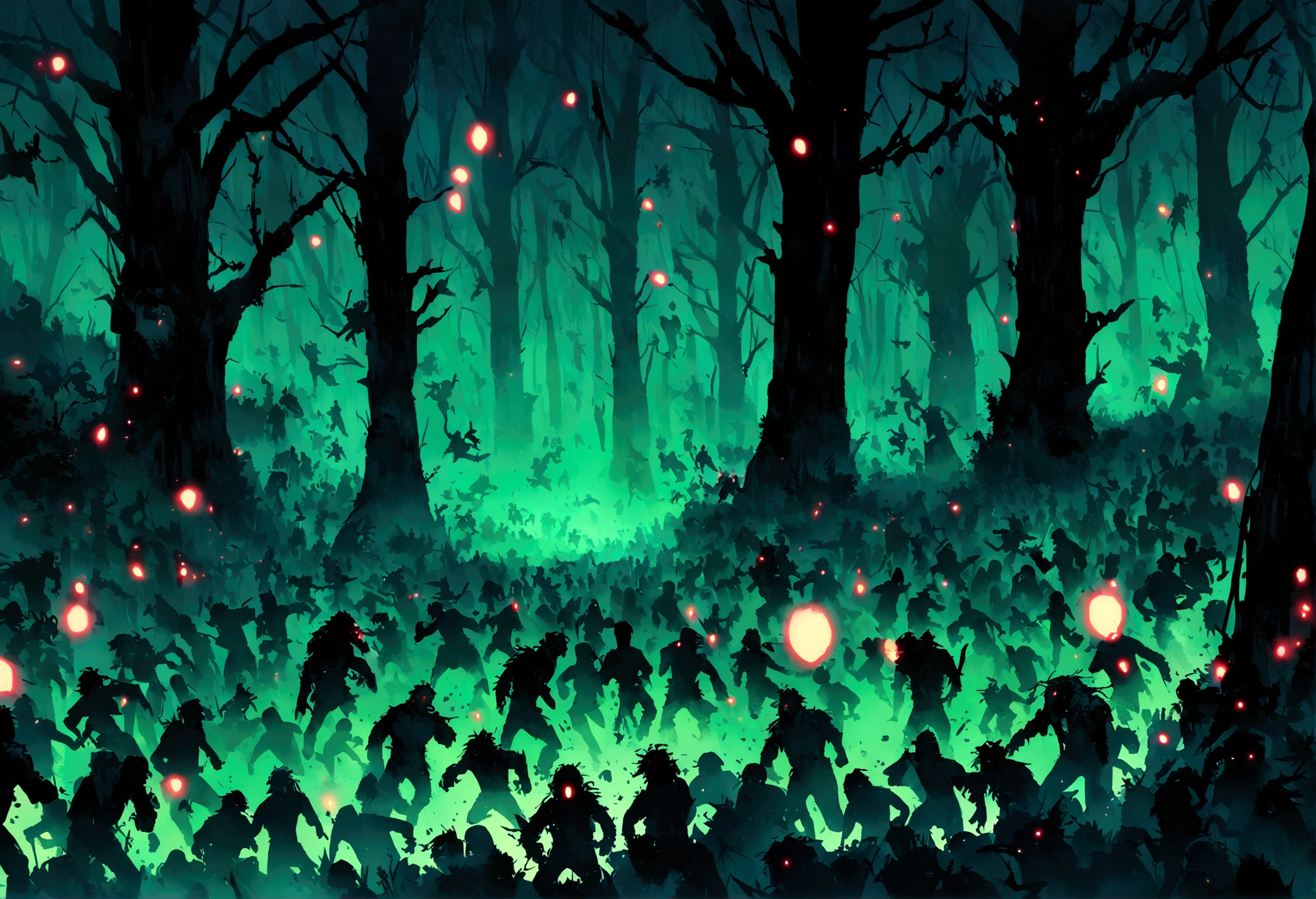 DC character Swamp Thing is in battle with a horde of Zombies. broken zombie parts flying. horror comic. night forest