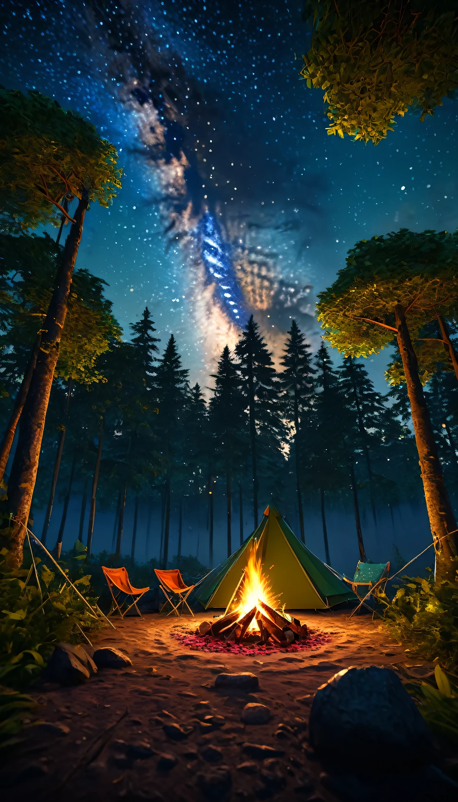 a stunning outdoor camping scene, 1 person camping in a lush forest, bonfire, night sky with stars, detailed tent, detailed bonfire, detailed forest foliage, intricate details, warm lighting, cinematographic, High fantasy, vibrant colors, dramatic lighting, photorealist, (Best Quality,4k,8k,high resolution,Masterpiece:1.2),ultra detailed,(realist,photorealist,photo-realist:1.37),HDR,UHD,studio lighting,ultrafine paint,sharp focus,physically based rendering,extreme detailed description,professional,vivid colors,bokeh