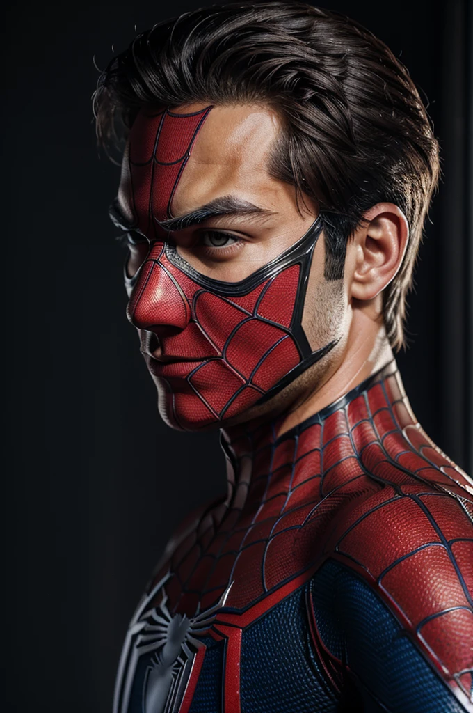 Photo of spider man, no mask, 20s, handsome, detailed face, looking at camera, Portrait, 8k uh, High quality