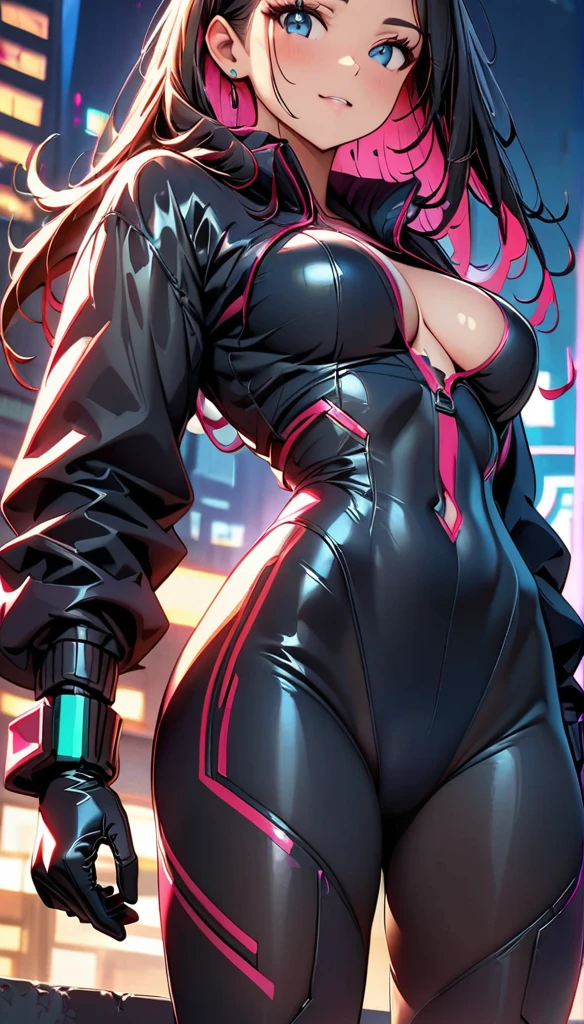 (highest quality:1.2, Very detailed, Latest, Vibrant, Super Detail, High Contrast, masterpiece:1.2, highest quality, Best aesthetics), cyberpunk suit,cyberpunk design,comic style,excellent body lines,well-equipped attire, amazing feminine silhouette, special operative, vibrant colors, immersive lighting