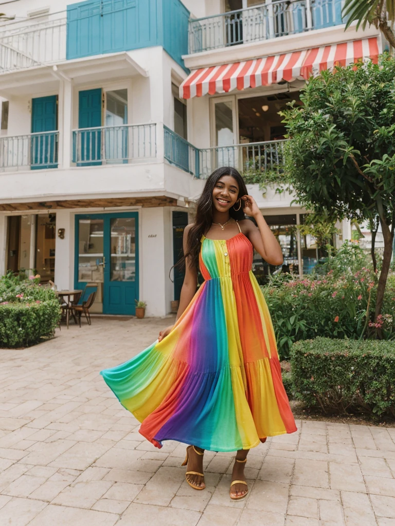 Madison Beer, her name is Jamila, high quality, 1girl, ((20-year-old fit ebony woman)), ((25 years old)), ((slim)), long hair, pose: standing, wearing (((colorful sundress))) stylish fashionable Generation-Z modern wear different colored, happy, ((laughing)) BACKGROUND: outside: a cafe by the beach