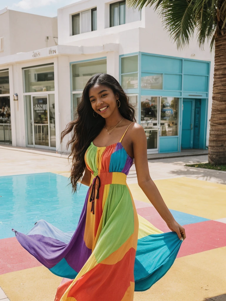 Madison Beer, her name is Jamila, high quality, 1girl, ((20-year-old fit ebony woman)), ((25 years old)), ((slim)), long hair, pose: standing, wearing (((colorful sundress))) stylish fashionable Generation-Z modern wear different colored, happy, ((laughing)) BACKGROUND: outside: a cafe by the beach