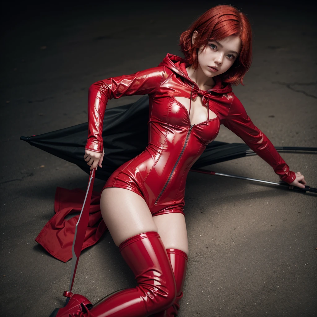 Girl with short red hair, red latex suit with shorts and red boots, with hood and black mask, Bow and arrow on the back