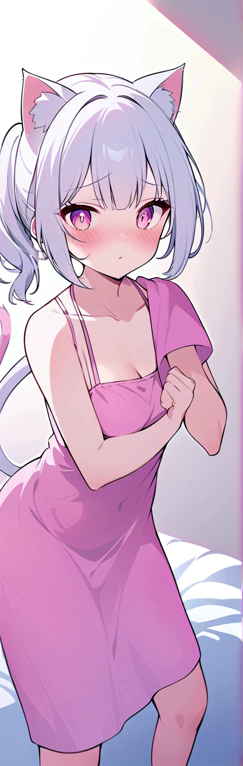 that has a fearful face, white hair, cat ears, yellow glasses and transparent super blushing pink eyes that has a towel around it and is in spaghetti and has a cat tail that is a super fearful girl