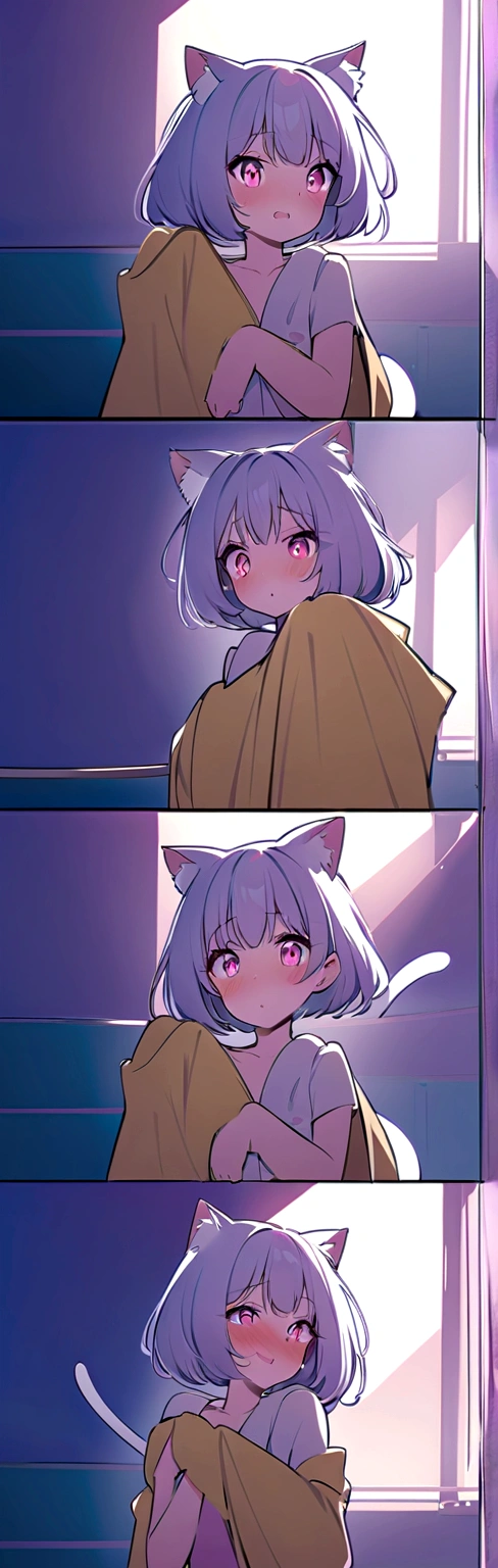 Girl with white hair, cat ears, black glasses, blushing extremely, she has put on a bra if her breasts are small, grabbing her breasts, a black skirt, a cat tail with black stockings on the bed