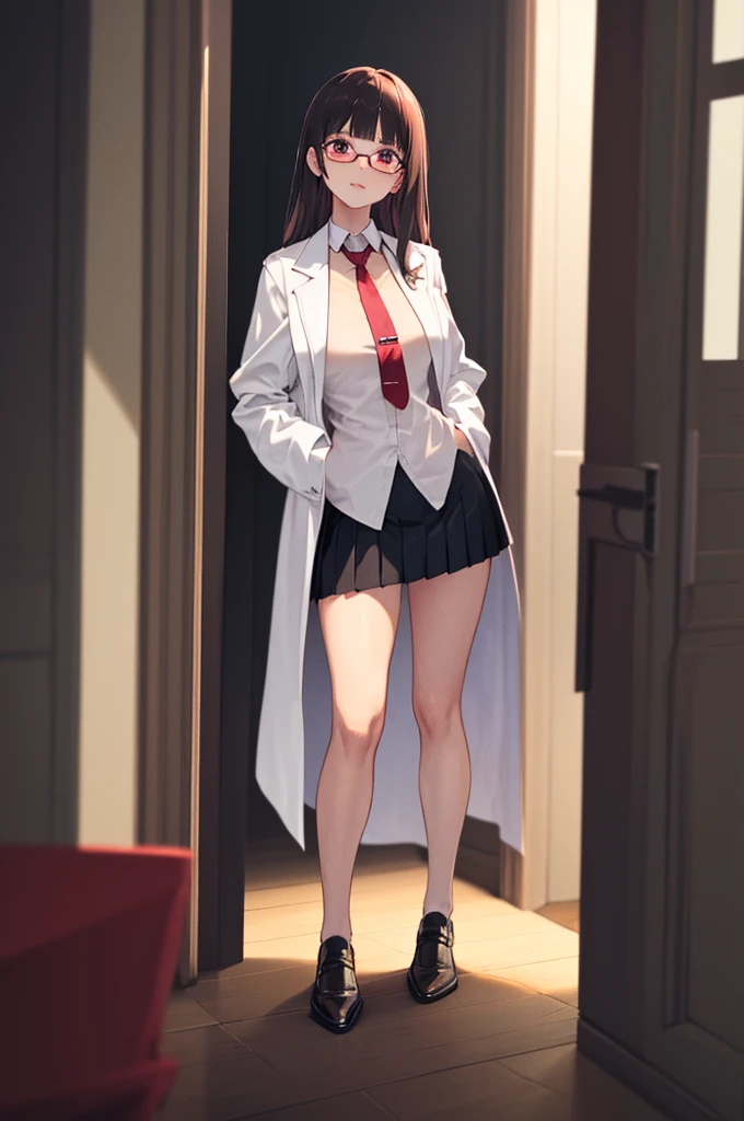 1girl, solo, luminedef, cleavage, (glowing red eyes)
BREAK (glasses, skirt, shirt, , white shirt, pleated skirt, glasses, collared shirt, black skirt, vest, red necktie, labcoat, (white labcoat:1.2), brown vest:1.2),
BREAK ((top quality, 8k, masterpiece: 1.3, ultra hd, high quality, best quality, high definition, realism)), sharp focus: 1.5, Beautiful woman with Slim body, (perfect hands, perfect anatomy),