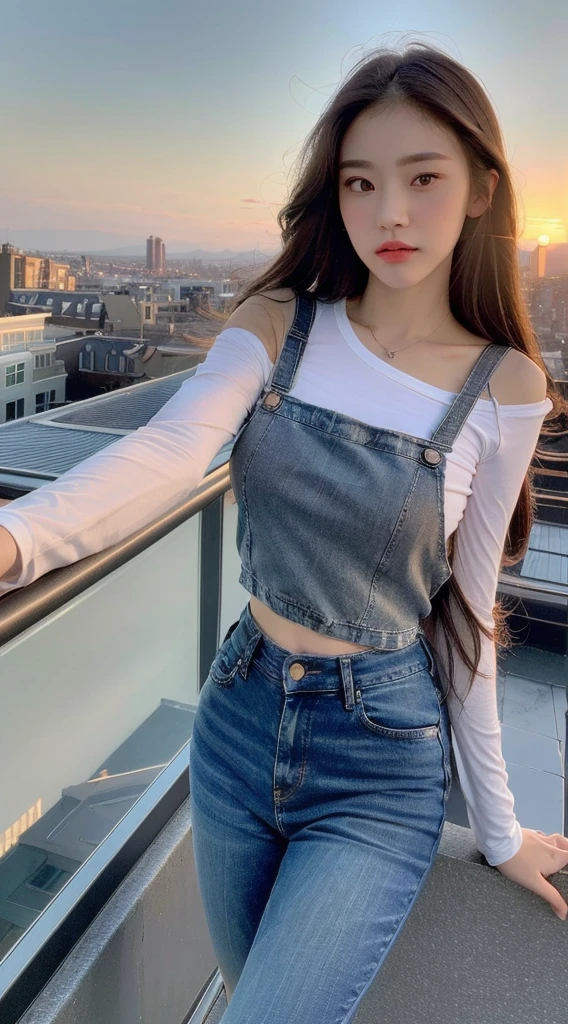 ((Midnight, Best quality, 8k, Masterpiece :1.3)), Whole body, Long legs, Sharp focus :1.2, A pretty woman with perfect figure :1.4, Slender abs :1.1, ((Dark brown hair, Big breasts :1.2)), (White tight tshirt, Jean bib, Standing:1.2), ((Night city view, Rooftop:1.3)), Highly detailed face and skin texture, Detailed eyes, Double eyelid, sunset, darken, backlit, off shoulder