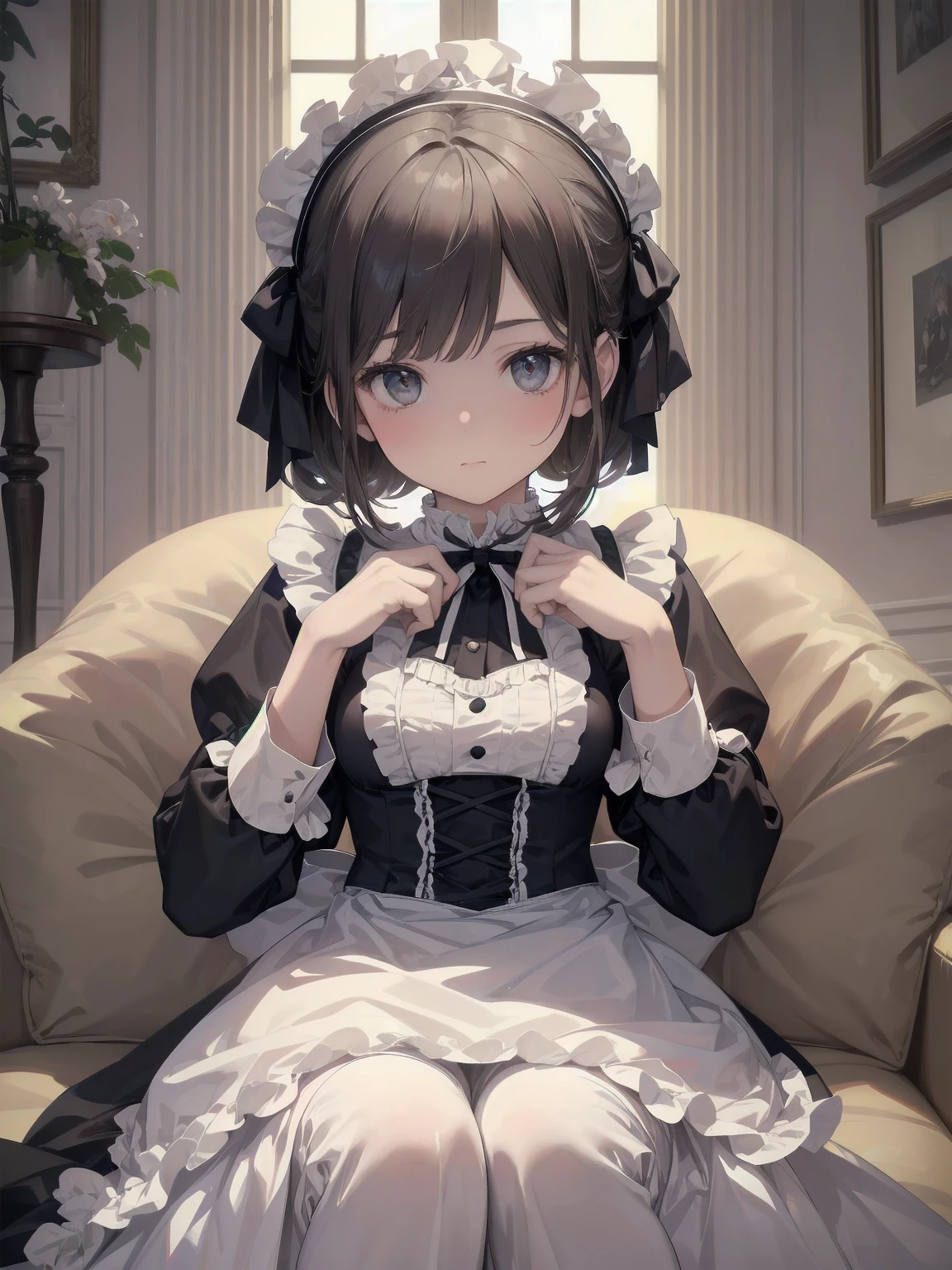 (Highest quality、16K、masterpiece、Ultra-high resolution、Victorian era、Photorealistic:1.2)、A delicate Lolita girl, aged 13、Cute pose of a lolita maid