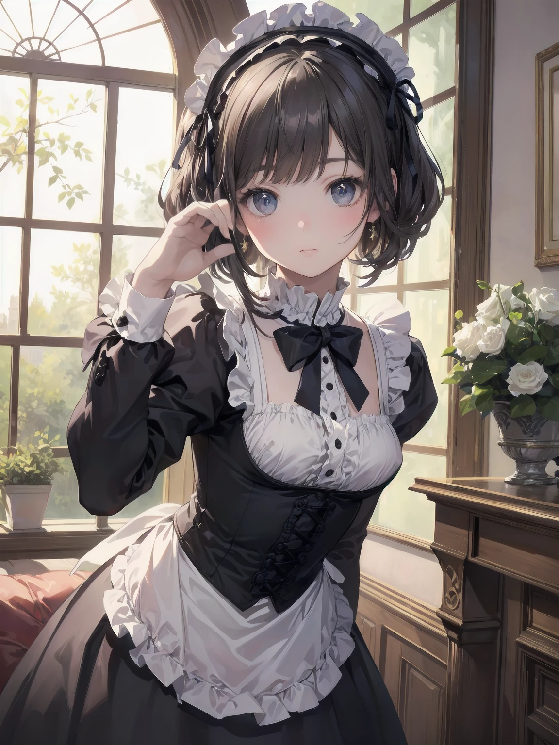 (Highest quality、16K、masterpiece、Ultra-high resolution、Victorian era、Photorealistic:1.2)、A delicate Lolita girl, aged 13、Cute pose of a lolita maid