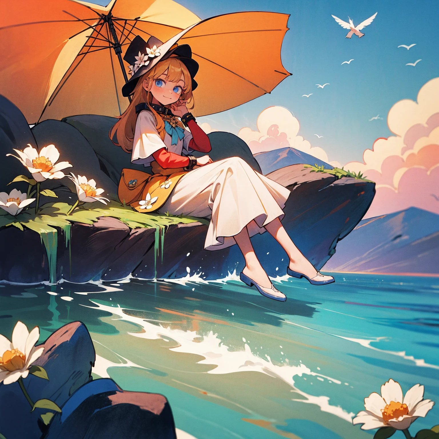 1girl, outdoors, solo, flower, blue eyes, long hair, looking at viewer, long dress, hat, ocean, dress, sitting, white flower, sky, bug, hat flower, day, bangs, butterfly, water, long sleeves, blue sky, rock, cloud, orange dress, blonde hair, horizon, orange headwear, hair ornament, closed mouth, smile, hair flower, short sleeves, looking to the side, bird, scenery, mountainous horizon, red headwear, white dress, Handcuffs on their hands, With a collar around the neck