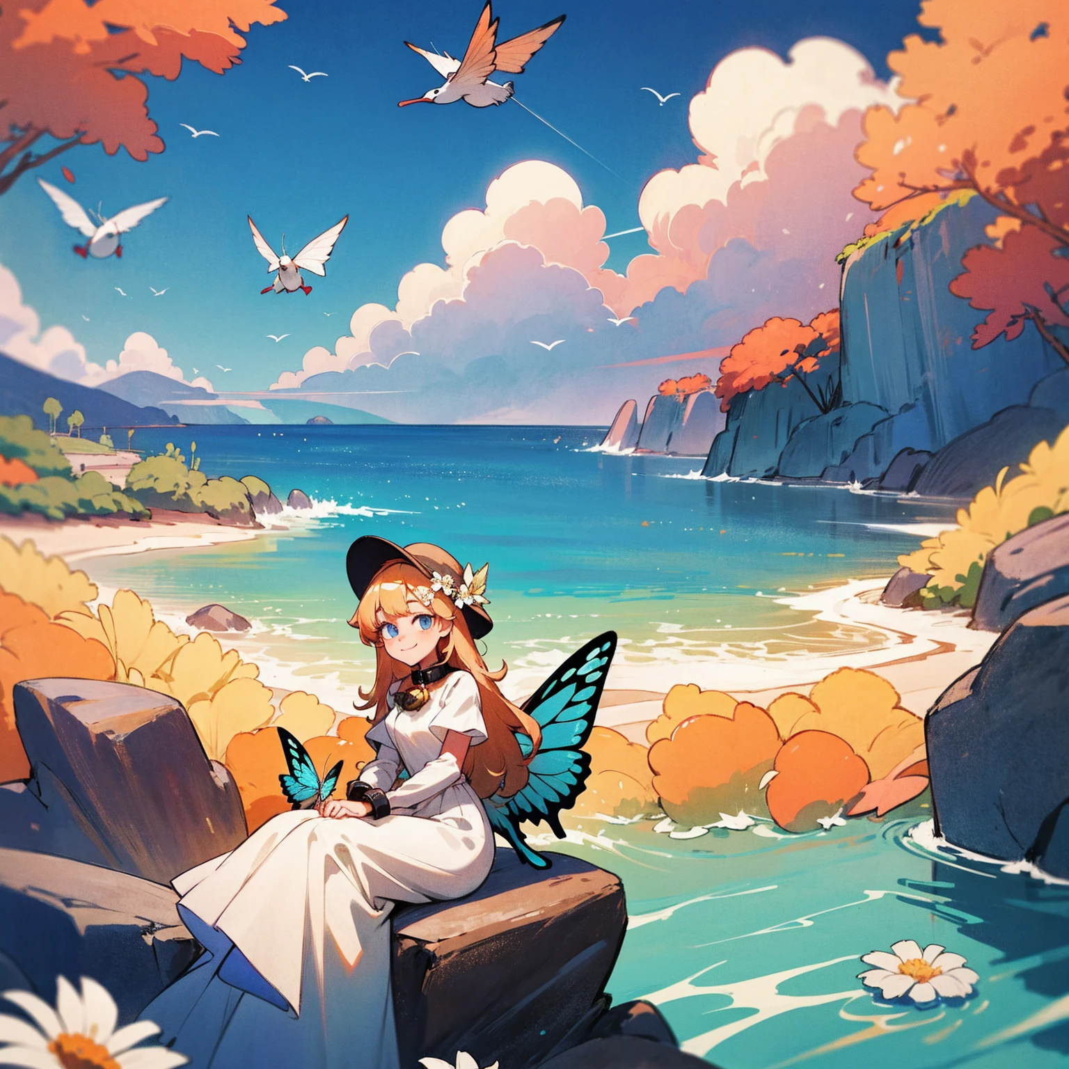 1girl, outdoors, solo, flower, blue eyes, long hair, looking at viewer, long dress, hat, ocean, dress, sitting, white flower, sky, bug, hat flower, day, bangs, butterfly, water, long sleeves, blue sky, rock, cloud, orange dress, blonde hair, horizon, orange headwear, hair ornament, closed mouth, smile, hair flower, short sleeves, looking to the side, bird, scenery, mountainous horizon, red headwear, white dress, Handcuffs on their hands, With a collar around the neck