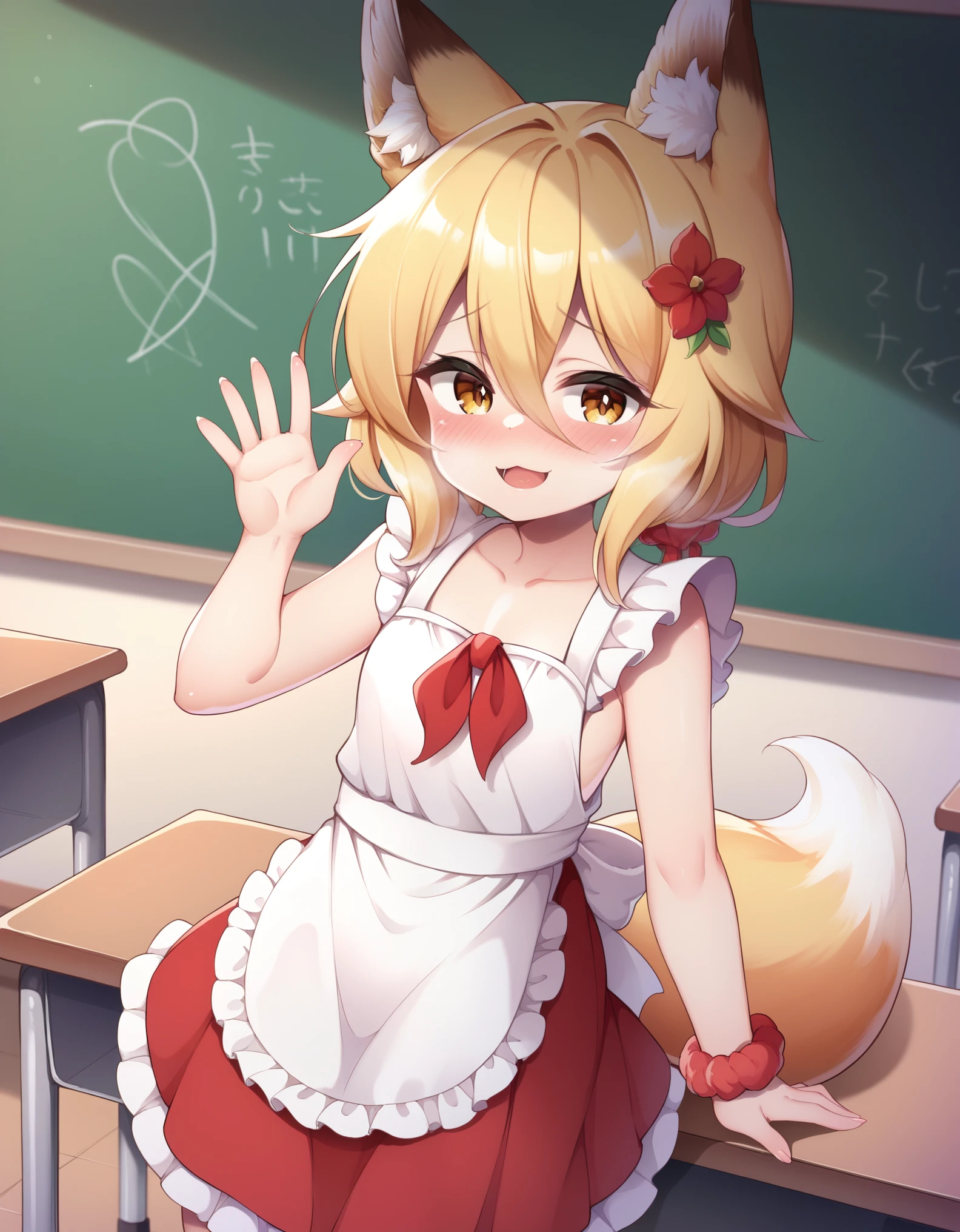 score_9, score_8_up, score_7_up, score_6_up, 1girl, moli,, blonde hair, animal ears, fox ears, blush, animal ear fluff, hair ornament, fox girl, hair flower, hair between eyes, short hair, fox tail, tail, flat chest, yellow eyes,Soviet uniform, frilled apron, frilled hair scrunchie, red neckerchief, classroom, waving, clear line