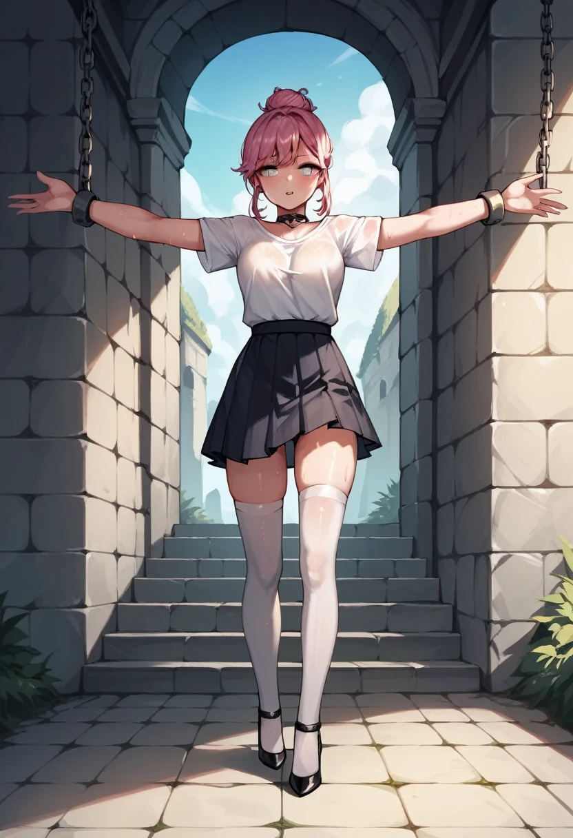 score_9, score_8_up, score_7_up, score_6_up, score_5_up, score_4_up, source_anime, 1girl,sweaty, pink hair, hair bun,white eyes, w-w-chain, spread arms, loose hair, white shirt,skirt,stockings,black high heels,day,hot,dungeon, best quality, best res, 4K UHD,