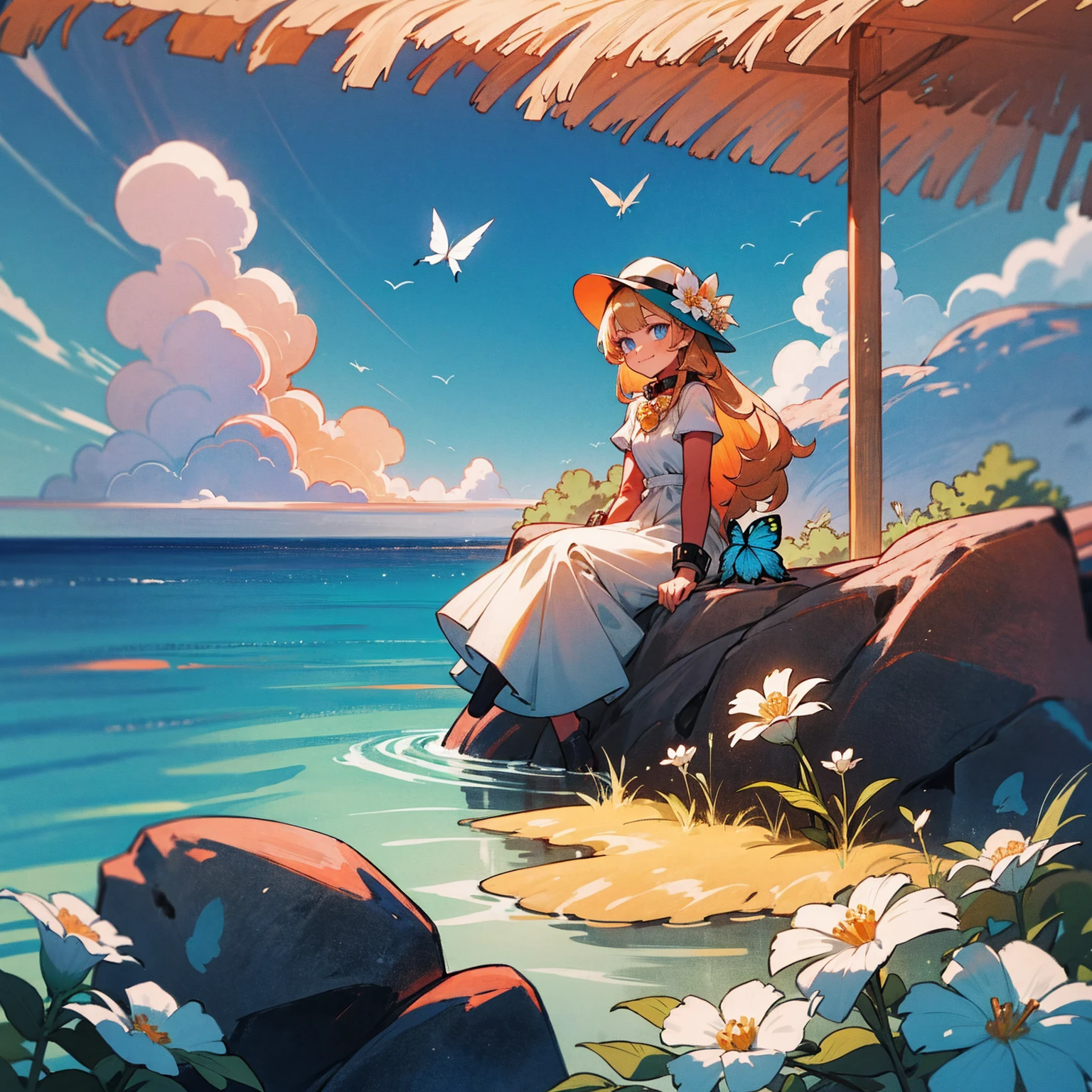 1girl, outdoors, solo, flower, blue eyes, long hair, looking at viewer, long dress, hat, ocean, dress, sitting, white flower, sky, bug, hat flower, day, bangs, butterfly, water, long sleeves, blue sky, rock, cloud, orange dress, blonde hair, horizon, orange headwear, hair ornament, closed mouth, smile, hair flower, short sleeves, looking to the side, bird, scenery, mountainous horizon, red headwear, white dress, Handcuffs on their hands, With a collar around the neck