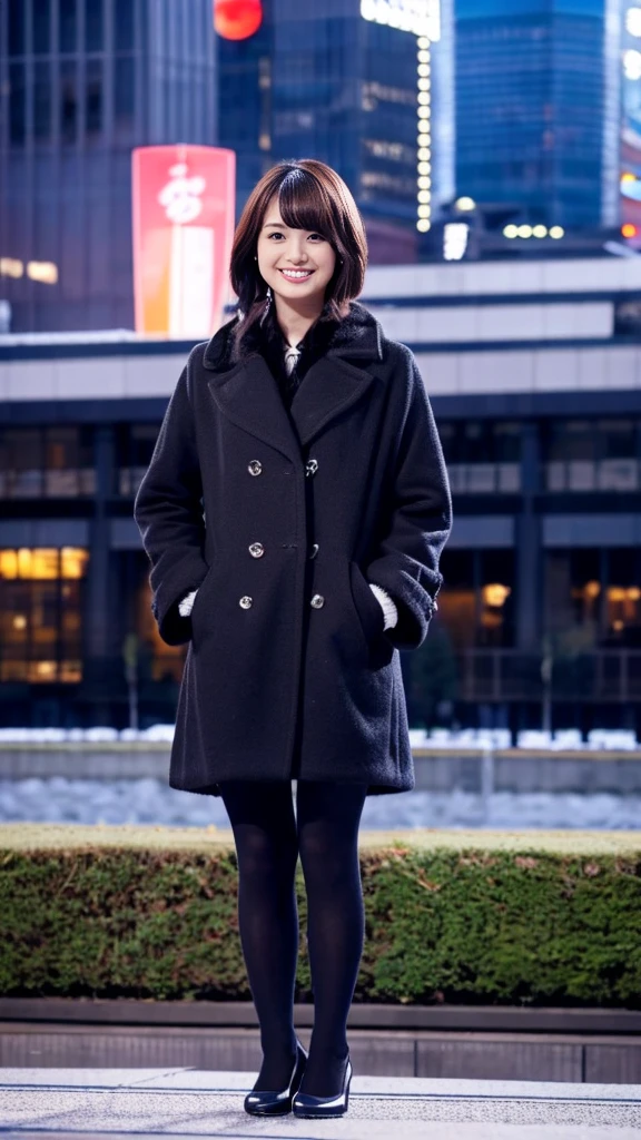 Full-body photo of a cute Japanese weather forecaster wearing a black pantsuit and coat,Medium Hair, pumps,A girl broadcasting live with a microphone,Broadcasting with a microphone outdoors in Tokyo in winter,Standing in front of Tokyo Station,wearing pumps and black tights,masterpiece