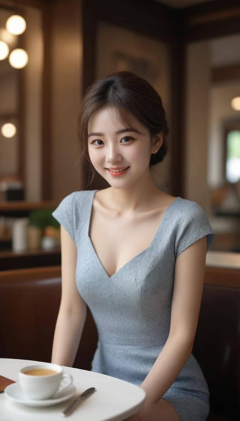 1 woman, (Wearing a high-quality luxury brand dress with short sleeves and good texture that covers the chest:1.6),(raw photo, best quality), (realistic, photo-realistic:1.4), masterpiece, Very delicate and beautiful Korean woman, very detailed, 2k wallpaper, amazing, in detail, very detailed CG unity 8k wallpaper, very detailed, mackerel, soft light, Beautiful and detailed 36 year old woman, very detailed eyes and face, beautiful and delicate nose, beautiful detailed eyes,cinematic lighting,(sitting in an upscale cafe:1.6),complete anatomy,slim body,(laugh:1.4),(young girl:1.4),(look at the viewer:1.4),(front view:2.0),cinematic angle, Inspired by Son Ye-jin, ,(split:0.8), light brown short hair, Bokeh shooting, Chest covering