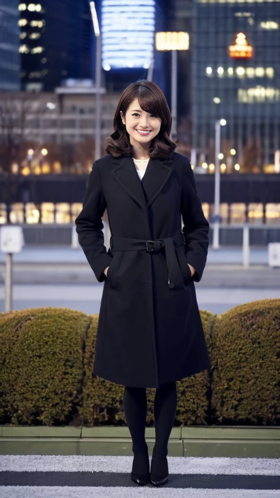 Full-body photo of a cute Japanese weather forecaster wearing a black pantsuit and coat,Medium Hair, pumps,A girl broadcasting live with a microphone,Broadcasting with a microphone outdoors in Tokyo in winter,Standing in front of Tokyo Station,wearing pumps and black tights,masterpiece