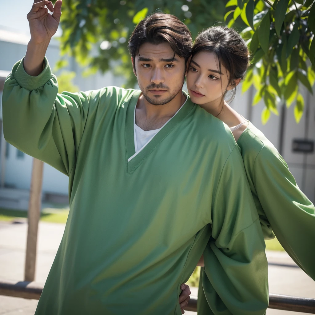 Create an image depicting a man dressed in green clothing who exhibits excessive concern and consideration in his everyday life. Show him in various daily situations where he demonstrates heightened attentiveness and care towards others. Capture realistic expressions and gestures that convey his thoughtful and empathetic nature. Set the scenes in typical daily environments to emphasize the relatability and realism of his actions. Ensure the composition portrays his genuine kindness and attentive demeanor convincingly.