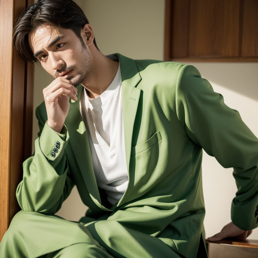 Create an image depicting a man dressed in green clothing who exhibits excessive concern and consideration in his everyday life. Show him in various daily situations where he demonstrates heightened attentiveness and care towards others. Capture realistic expressions and gestures that convey his thoughtful and empathetic nature. Set the scenes in typical daily environments to emphasize the relatability and realism of his actions. Ensure the composition portrays his genuine kindness and attentive demeanor convincingly.