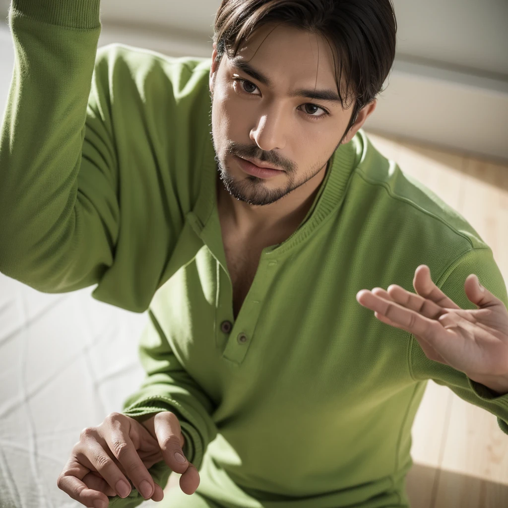 Create an image depicting a man dressed in green clothing who exhibits excessive concern and consideration in his everyday life. Show him in various daily situations where he demonstrates heightened attentiveness and care towards others. Capture realistic expressions and gestures that convey his thoughtful and empathetic nature. Set the scenes in typical daily environments to emphasize the relatability and realism of his actions. Ensure the composition portrays his genuine kindness and attentive demeanor convincingly.