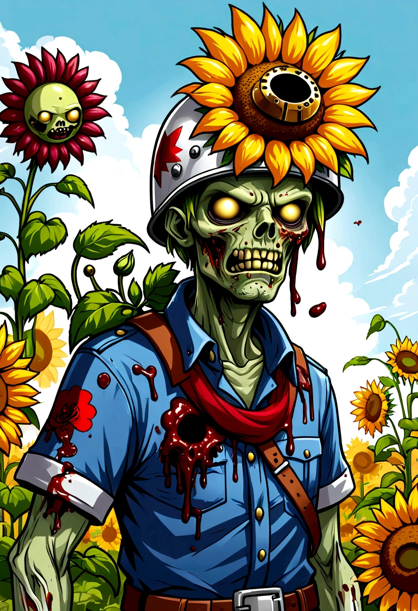 Plants vs. Zombies,game,fear,bloody,Old,(((Zombie wearing a helmet))),Violence,sunflower,Exaggerated art illustration,