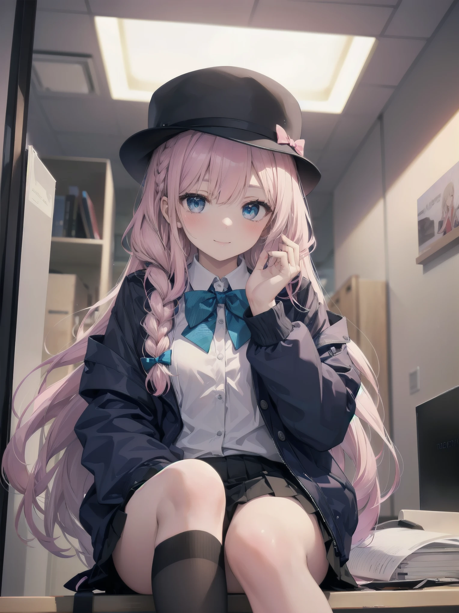 Masterpiece of detail, top quality, 1 girl, solo, 25 years old, 140cm, flat, tiny tits, silky textured hair, medium length, braids, two color mesh, realistic eyes, great looks , neat, up close, closed_mouth, smile, blush, shy, matching hat, hat, pink bow tie, , blue jacket, jacket, skirt, gray pleated skirt, cutter shirt, white shirt, legs, black socks, sitting, office, hair_ornament, looking_at_viewer, beautiful detailed eyes, mesmerizing gesture, seduction, professional effects, inviting, natural princess, receptionist, corporate building
