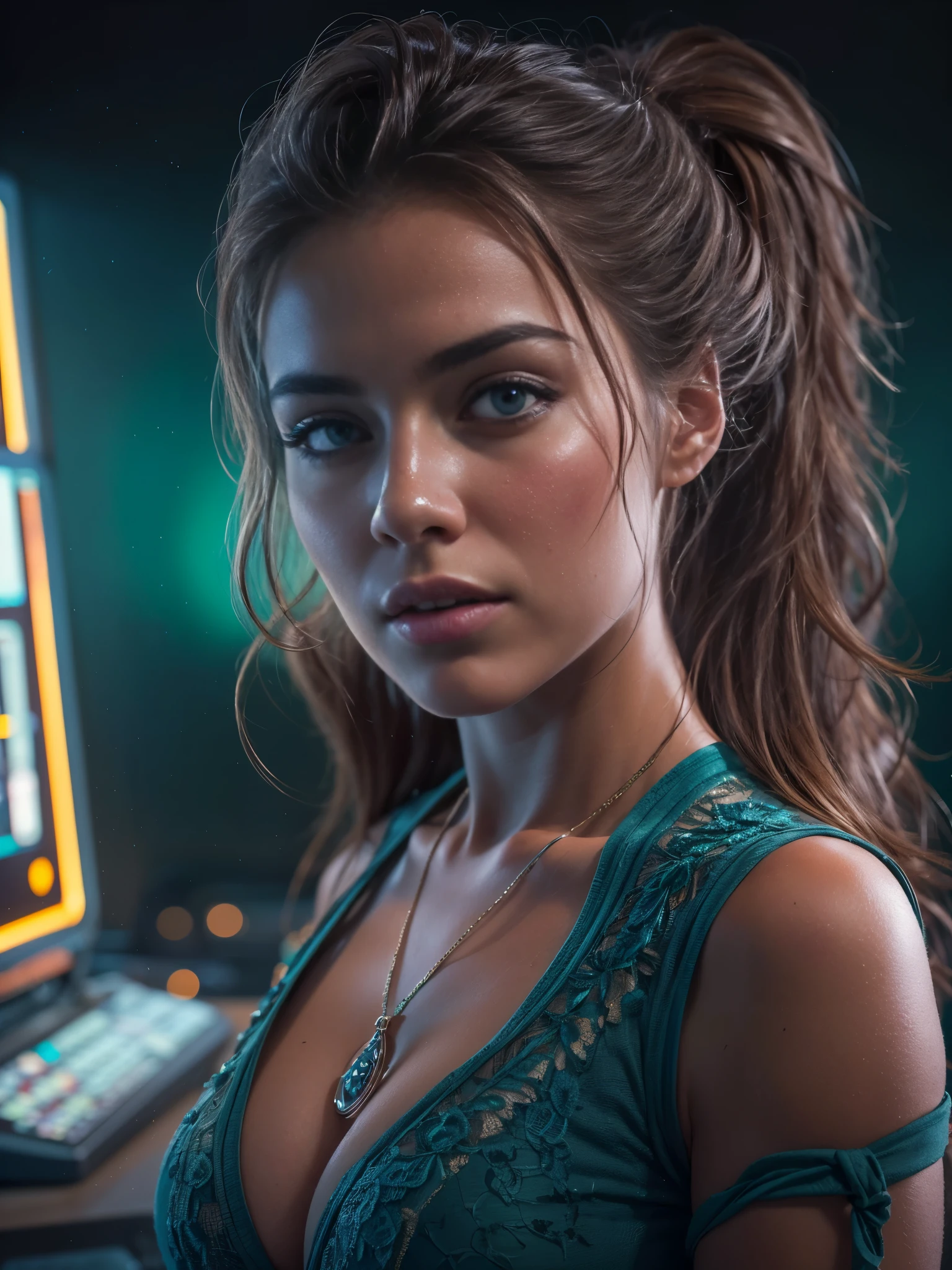 a gorgeous European woman, age 23, beautiful detailed eyes, beautiful detailed lips, extremely detailed face and skin, long eyelashes, elegant ponytail hairstyle, large breast.cleavage. wearing a tight blue dress, posing gracefully in a scenic Bitcoin mining landscape, glowing mining rigs and high-tech equipment in the background, sunset lighting, vivid colors, cinematic composition, (best quality,8k,highres,masterpiece:1.2),ultra-detailed,(realistic,photorealistic,photo-realistic:1.37),cinematic lighting,dramatic shadows,volumetric lighting,intricate details,concept art. (Bitcoin).