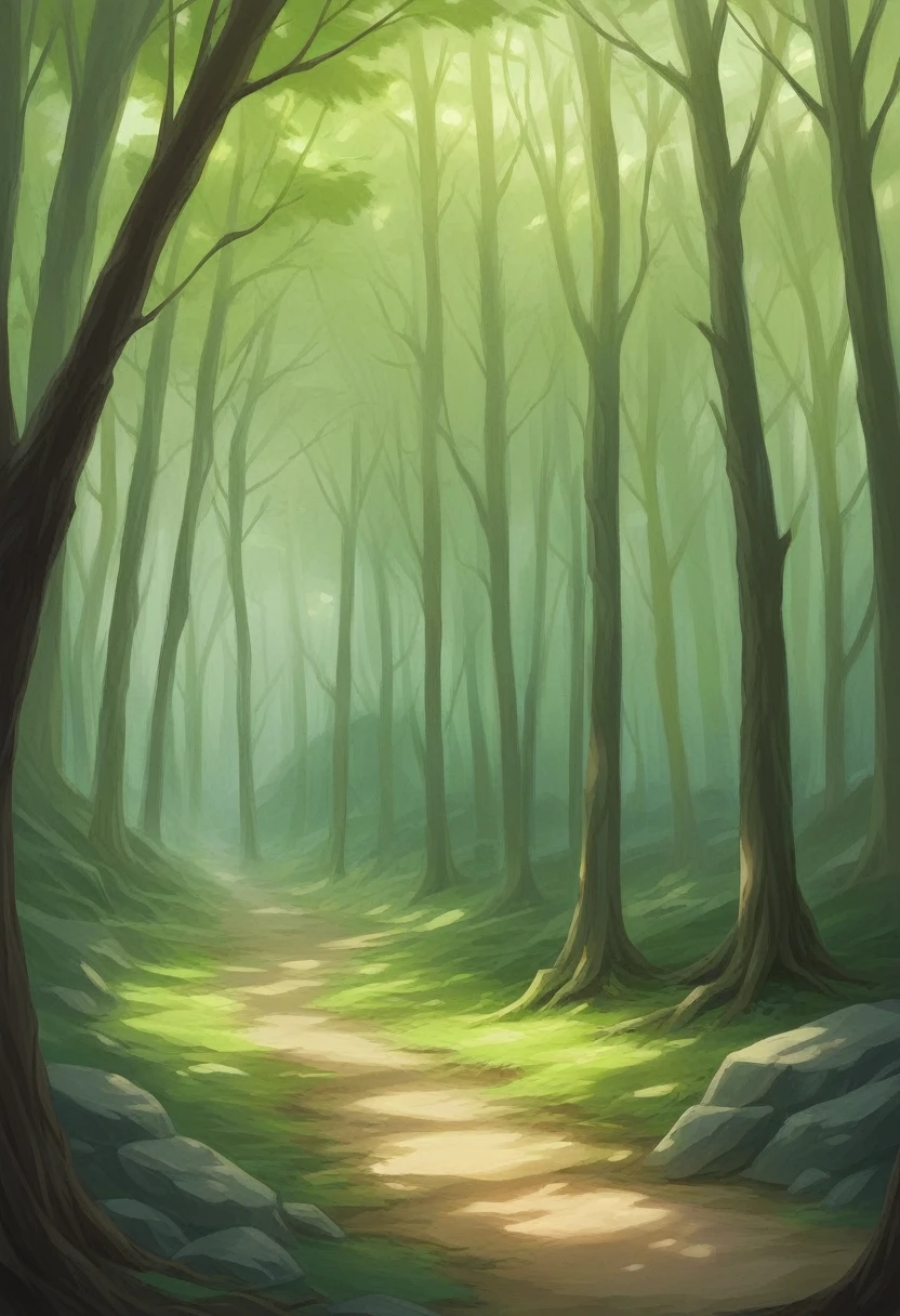 Generate a highly detailed, semi-realistic 8K image of a serene forest scene with a clear, flowing stream. The stream should have detailed water textures and reflect the sunlight, with rocks covered in moss and ferns growing alongside the bank. The forest should feature dappled light filtering through the leaves, creating soft shadows and intricate patterns on the forest floor. Include detailed wooden pathways and textured stone paths that lead through the forest. The atmosphere should be calm and refreshing, with anime style 40% and realistic details 80%, focusing on natural, muted tones to enhance the serene environment.