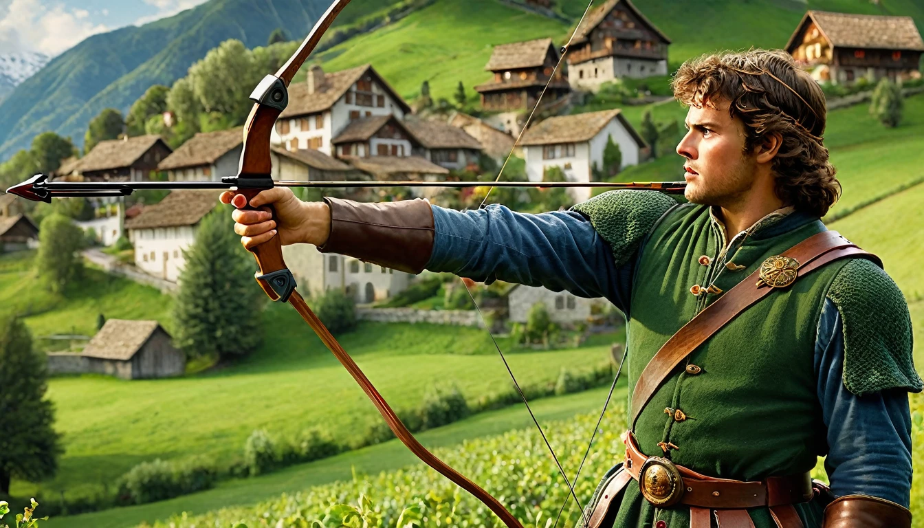 William Tell
"Create a hyperrealistic, high-definition image of William Tell shooting an apple off his son's head. William should be holding a crossbow, aiming carefully, while his son stands with the apple balanced on his head. The background should include a Swiss village scene with detailed buildings and mountains. Use natural, dramatic lighting to create tension and focus on the moment."